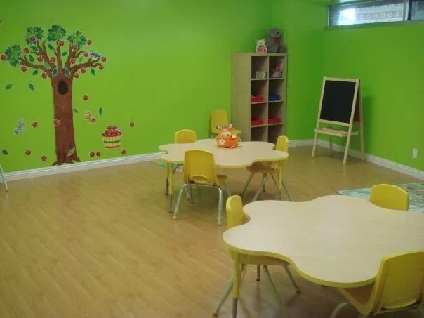 Green classroom at Kids Planet Glendale with activity tables and wall mural