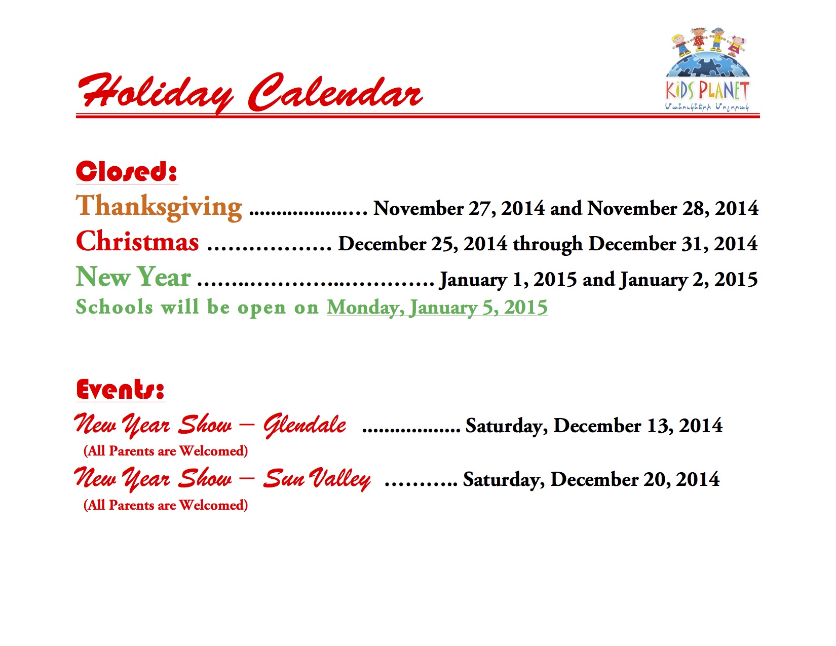 Holiday Calendar